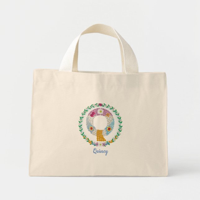 Flower Letters Initial "Q" with Personalized name Mini Tote Bag (Front)