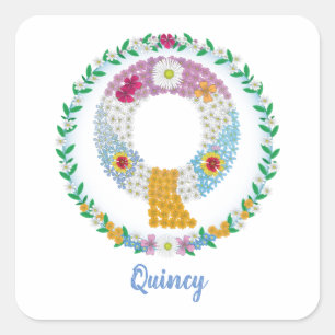 Flower Letters Initial "Q" with Personalized name Square Sticker