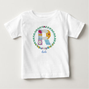 Flower Letters Initial "R" with Personalized name Baby T-Shirt