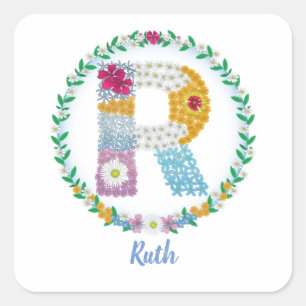 Flower Letters Initial "R" with Personalized name Square Sticker