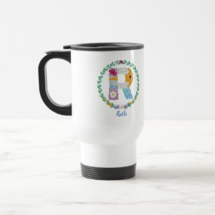 Flower Letters Initial "R" with Personalized name Travel Mug