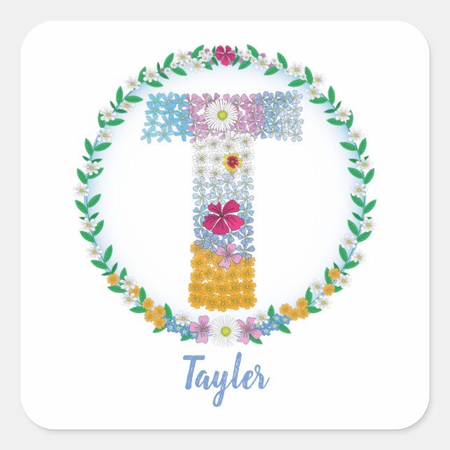 Flower Letters Initial "T" with Personalized name Square Sticker (Front)