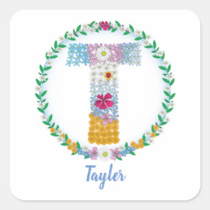 Flower Letters Initial "T" with Personalized name Square Sticker