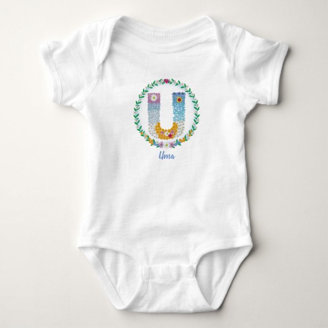 Flower Letters Initial "U" with Personalized name Baby Bodysuit (Front)