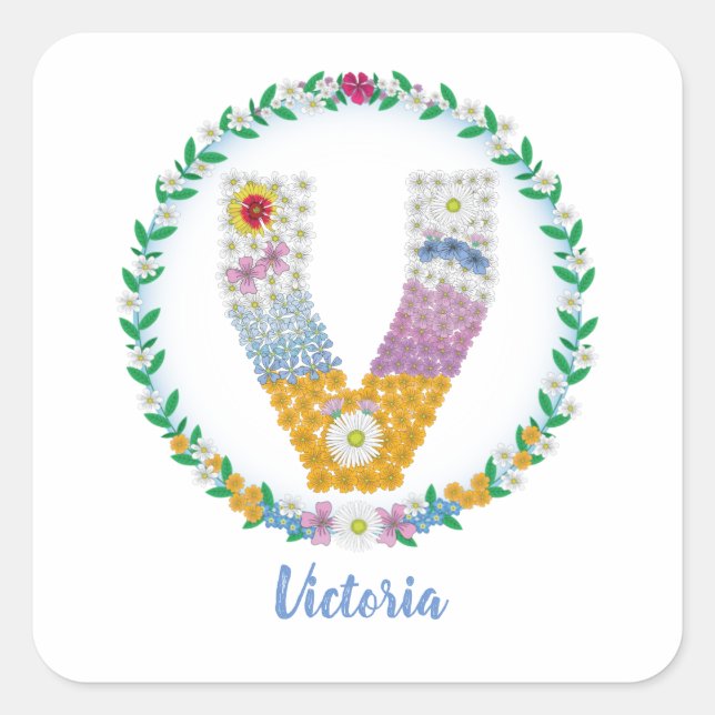 Flower Letters Initial "V" with Personalized name Square Sticker (Front)