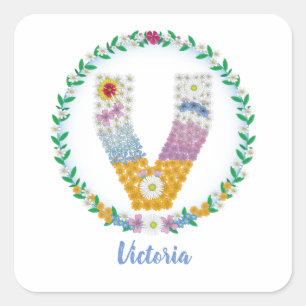 Flower Letters Initial "V" with Personalized name Square Sticker