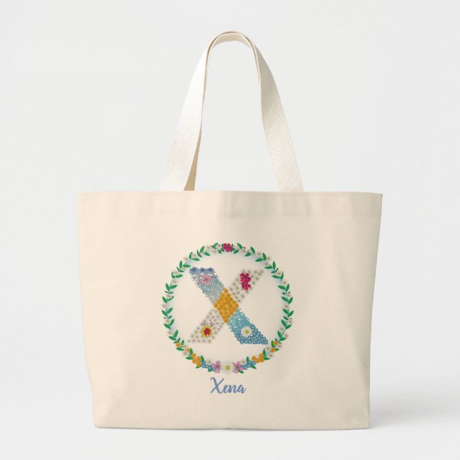 Flower Letters Initial "X" with Personalized name Large Tote Bag (Front)