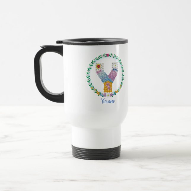 Flower Letters Initial "Y" with Personalized name Travel Mug (Left)