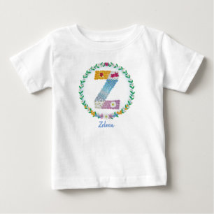 Flower Letters Initial "Z" with Personalized name Baby T-Shirt