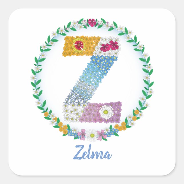 Flower Letters Initial "Z" with Personalized name Square Sticker (Front)