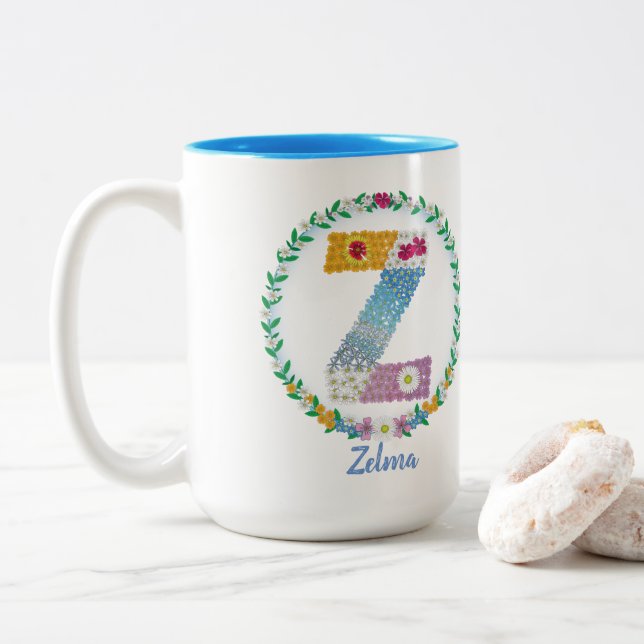 Flower Letters Initial "Z" with Personalized name Two-Tone Coffee Mug (With Donut)
