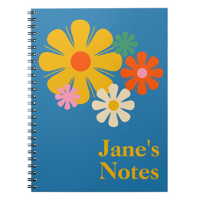Flower Locus Reto 60s 70s Floral on Blue Notebook (Front)