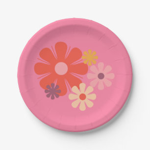 Flower Locus Retro Minimalist Floral Pattern Pink Paper Plate