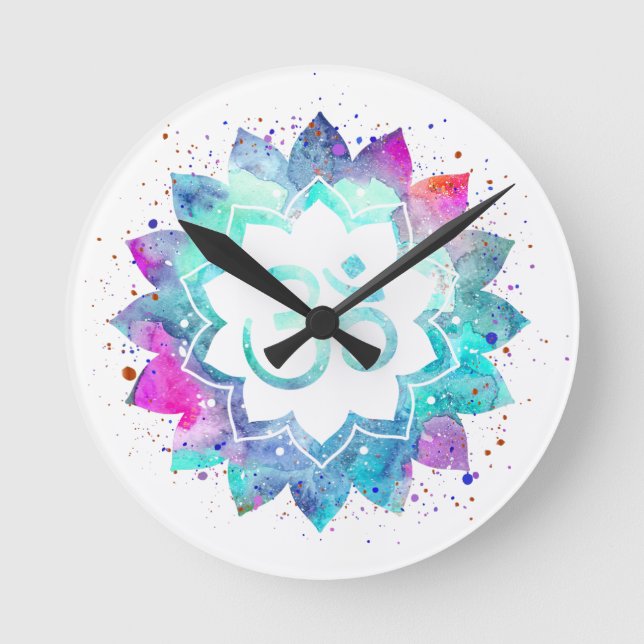 *~* Flower Lotus Mandala  OM AUM Symbol Watercolor Round Clock (Front)