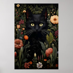 Flower Lover Black Cat Print, Floral Cat Vintage Poster
