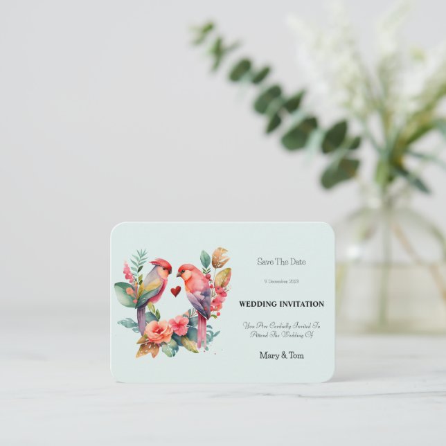 Flower & Loving Bird Heart wedding Invitation (Standing Front)