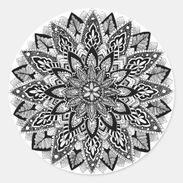 Flower Mandala black and white Classic Round Sticker (Front)