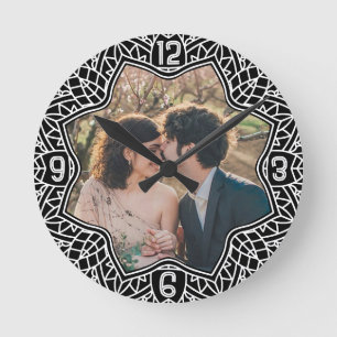 Flower Mandala Floral Shaped Custom Photo Black Round Clock