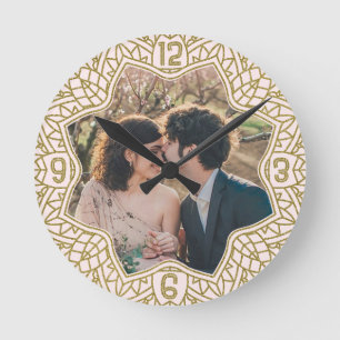 Flower Mandala Floral Shaped Photo Blush Pink Gold Round Clock
