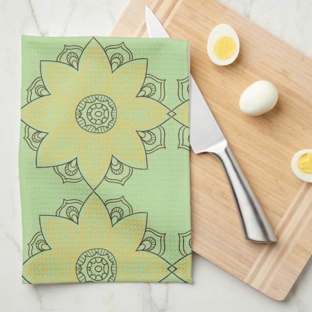 Flower Mandala Green & Yellow Kitchen Towel (Quarter Fold)