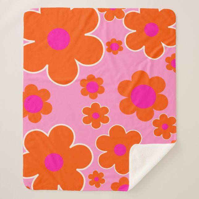 Flower Market Amsterdam Retro Flowers Pink Orange Sherpa Blanket (Front)