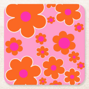 Flower Market Amsterdam Retro Flowers Pink Orange Square Paper Coaster