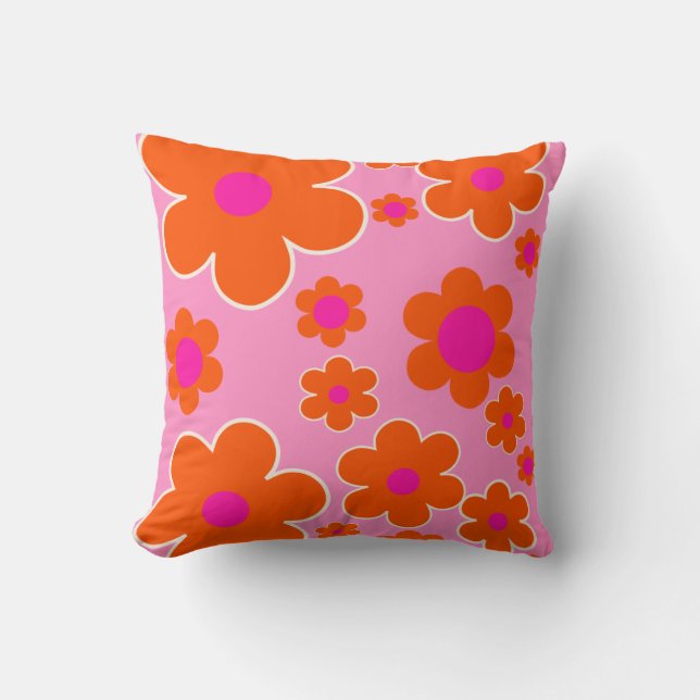 Flower Market Amsterdam Retro Flowers Pink Orange Throw Pillow (Front)
