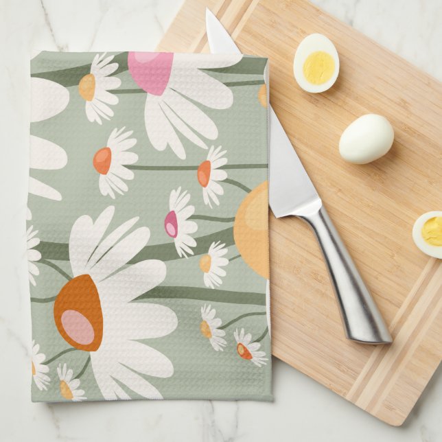Flower Market Tokyo Retro Daisies Sage Green Kitchen Towel (Quarter Fold)