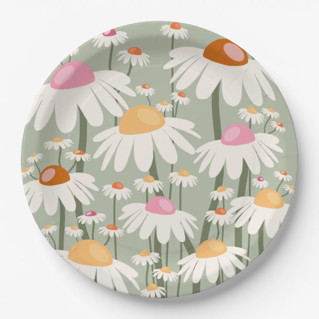 Flower Market Tokyo Retro Daisies Sage Green Paper Plate (Front)