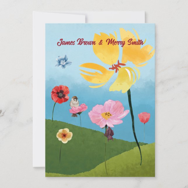 Flower Meadow Tiny Bird and Sleeping Bat Wedding Invitation (Front)