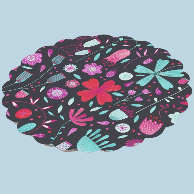 Flower Meadow Watercolor Dark Paper Coaster (Dark modern floral watercolor paper coaster)