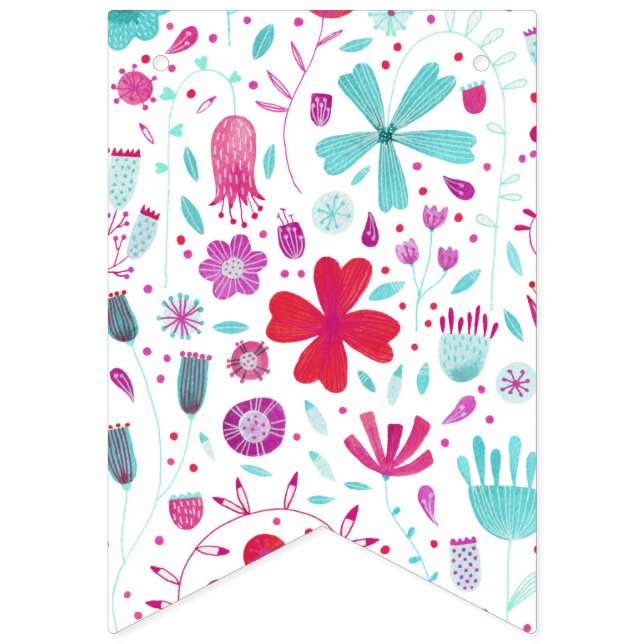 Flower Meadow Watercolor Teal Bunting Flags (First Flag)