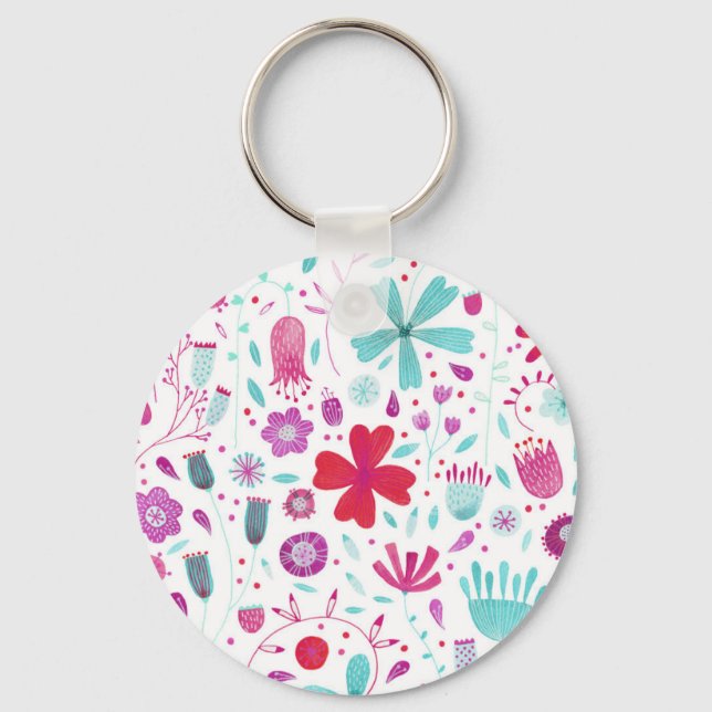 Flower Meadow Watercolor Teal Keychain (Front)