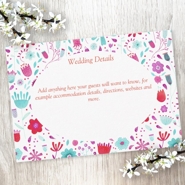 Flower Meadow Watercolor Teal Wedding Details Enclosure Card (Boho watercolor floral wedding details enclosure card)