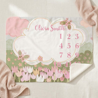 Flower Milestone Blanket, Baby Girl Butterflies Sherpa Blanket