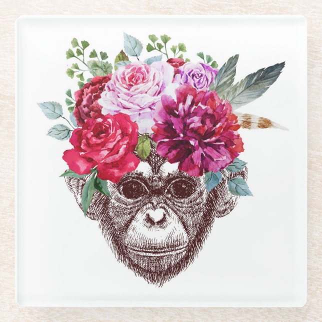 Flower Monkey Face Glass Coaster (Front)