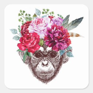 Flower Monkey Face Square Sticker