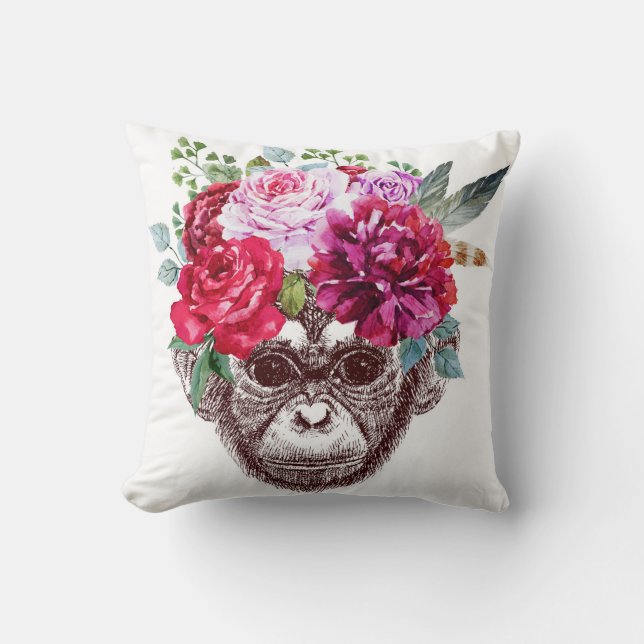 Flower Monkey Face Throw Pillow (Front)