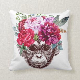 Flower Monkey Face Throw Pillow