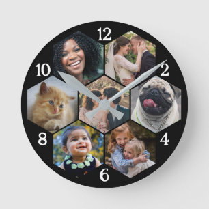 Flower Mosaic 7 Photo Collage Custom Template Blk Round Clock
