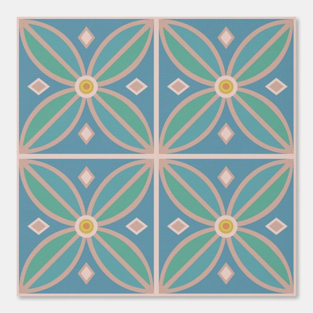 Flower motif peacock blue green and terracotta wallpaper (Front)