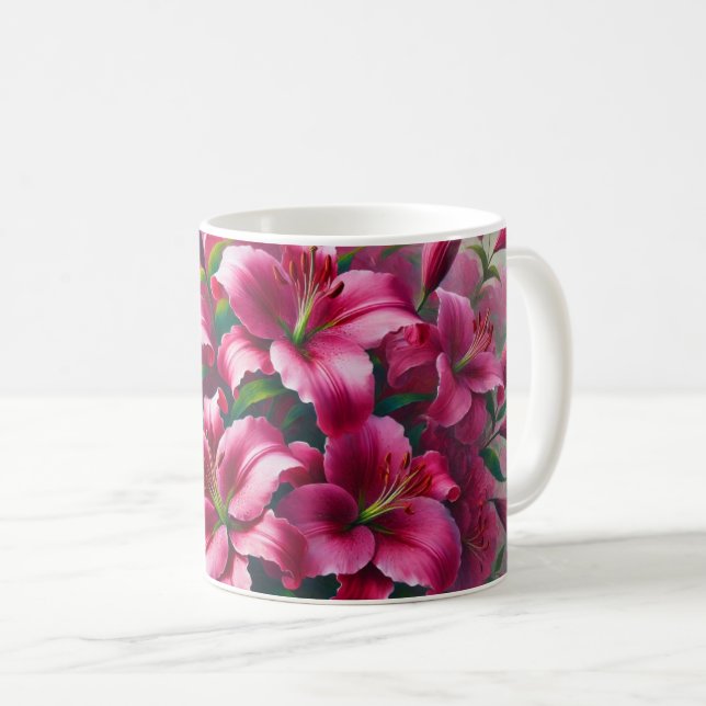 Flower mug with bright pink lilies (Front Right)