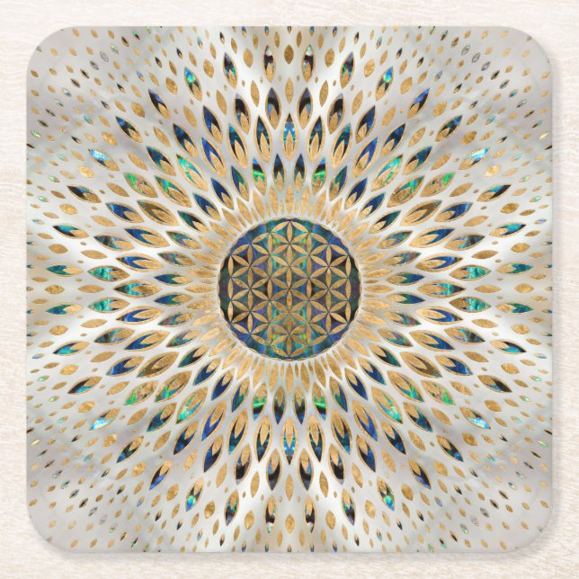 Flower of Life  - Abalone Shell and Pearl Square Paper Coaster (Front)