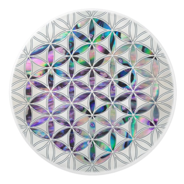 Flower of life Abalone shell on pearl Ceramic Knob (Front)