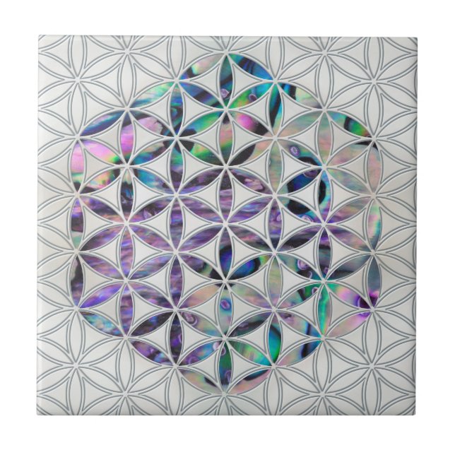 Flower of life Abalone shell on pearl Tile (Front)