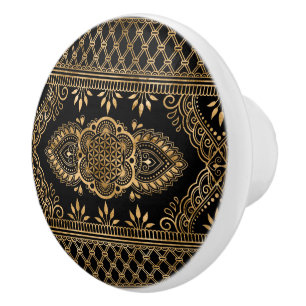 Flower of Life - Black and Gold Ornament Ceramic Knob