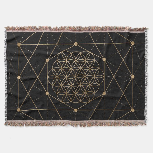 Flower of Life Black and Gold Throw Blanket (Front)
