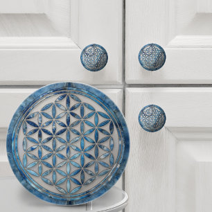 Flower of Life Blue Marble and Mother of Pearl Ceramic Knob
