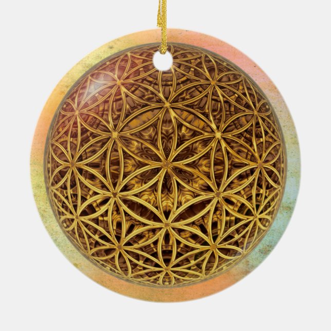 Flower Of Life / Blume des Lebens - ball grid gold Ceramic Ornament (Back)