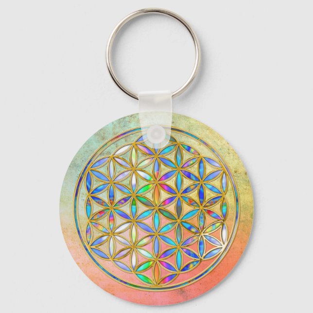 Flower of Life / Blume des Lebens - gold colourful Keychain (Front)